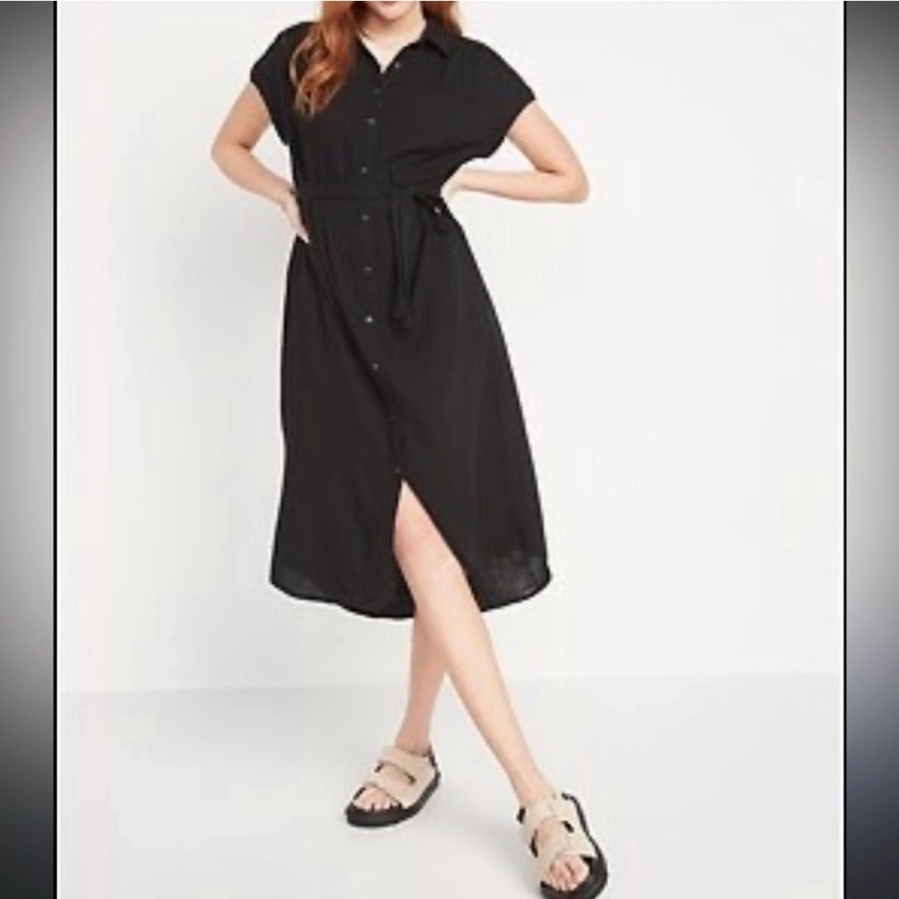 Gap Black Linen Midi Shirt Dress